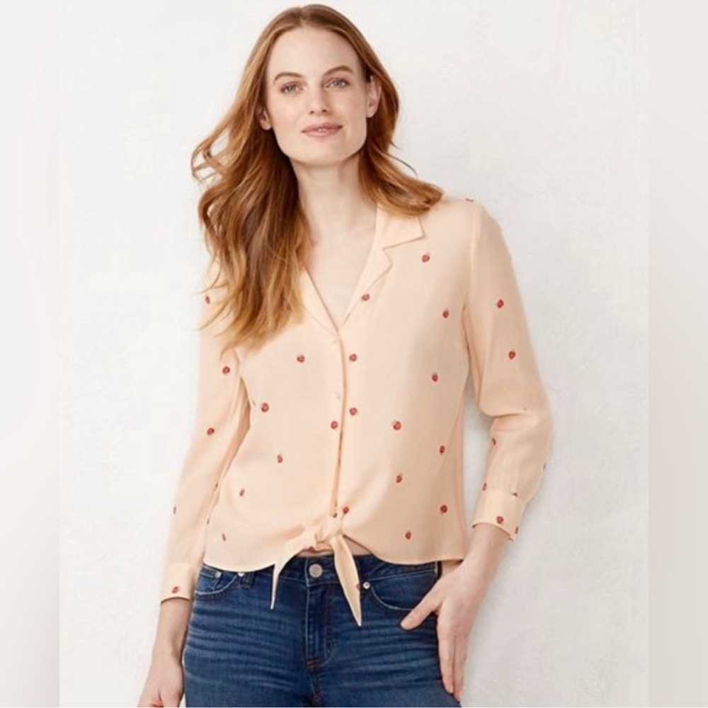 Lauren Conrad Pink Strawberry Long Sleeve Button Up Tie Front Crop Top 🍓
